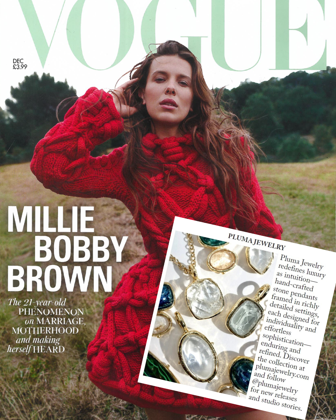 Vogue magazine cover featuring Millie Bobby Brown in a red outfit with jewelry inset.